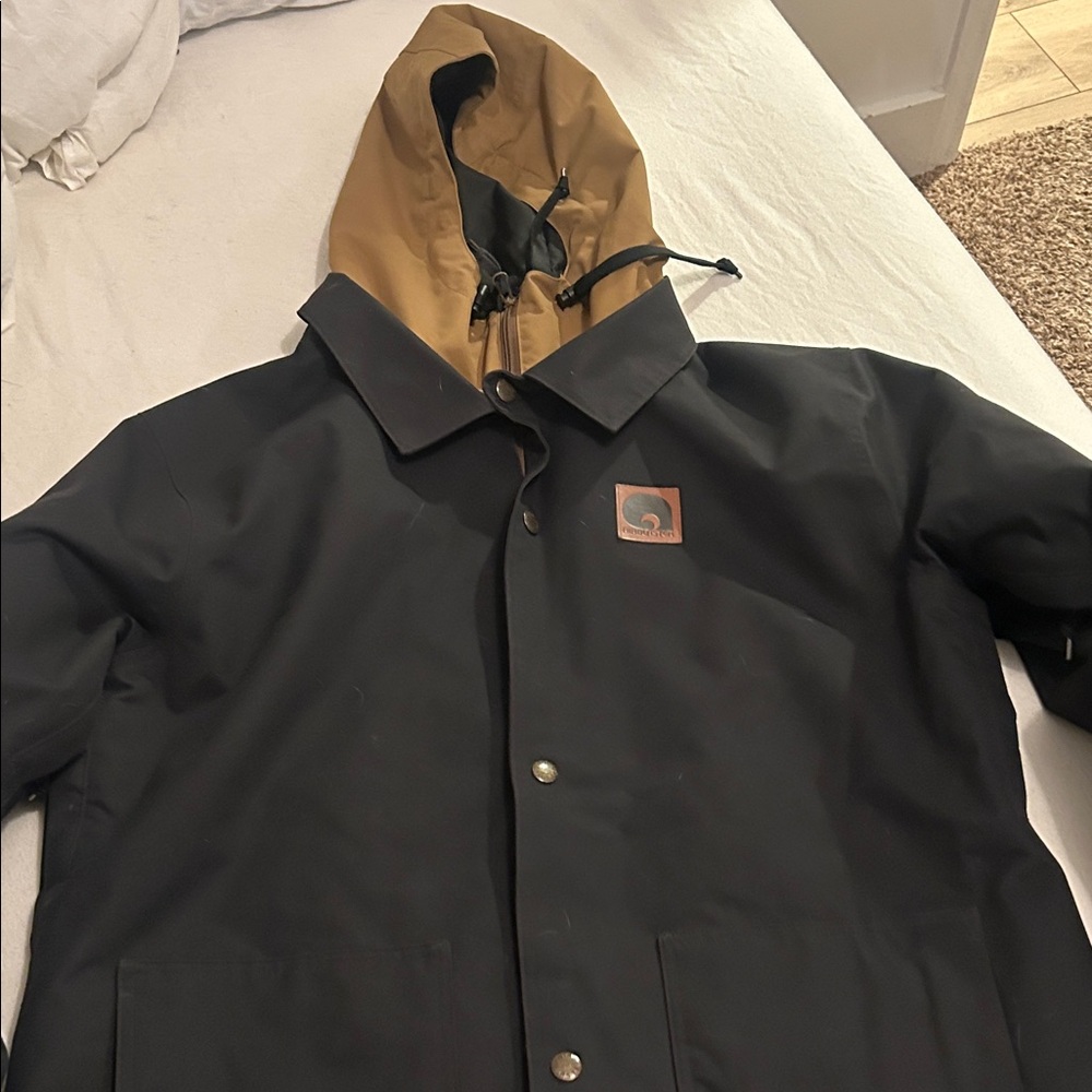 Stylish Black and Tan Hooded Men's Ski Jacket